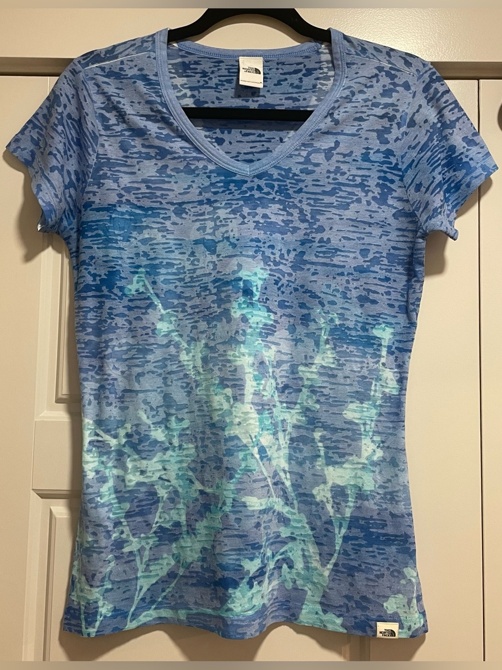 The North Face Blue V-Neck Tee with Aqua Print